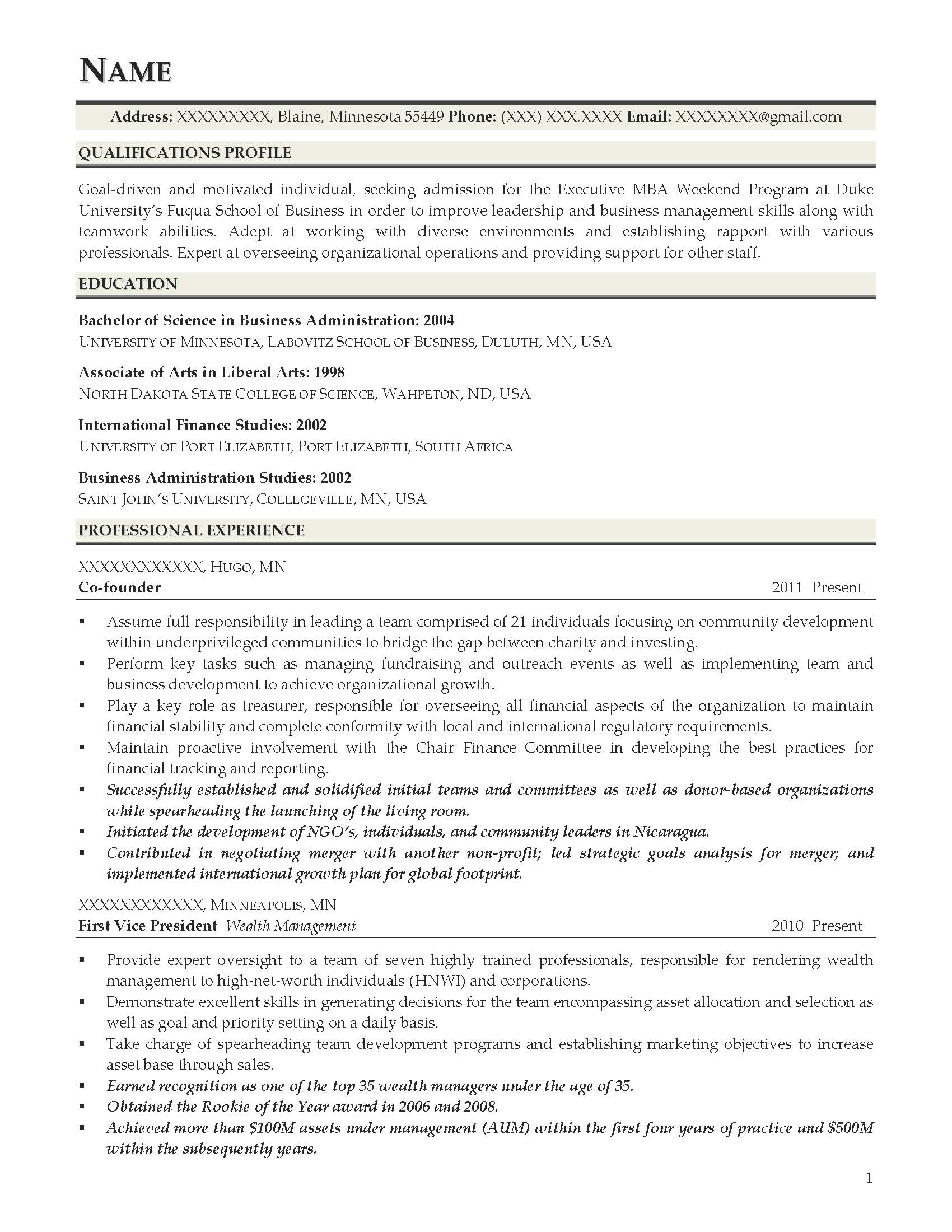 Resume for emba