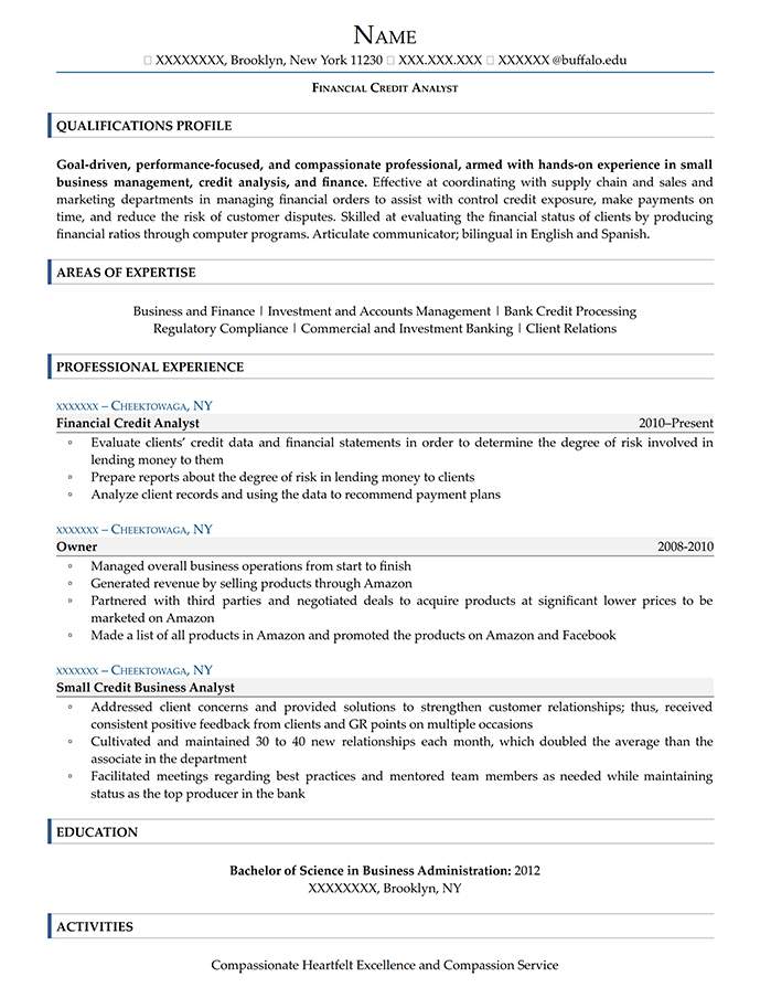 Entry Level Resume Financial Credit Analyst