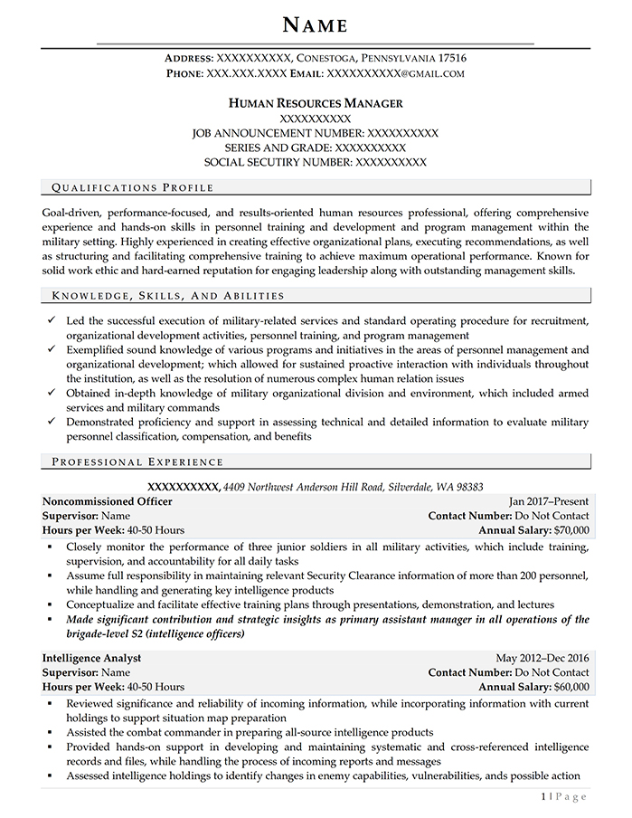 Federal Resume Human Resources Manager Page 1