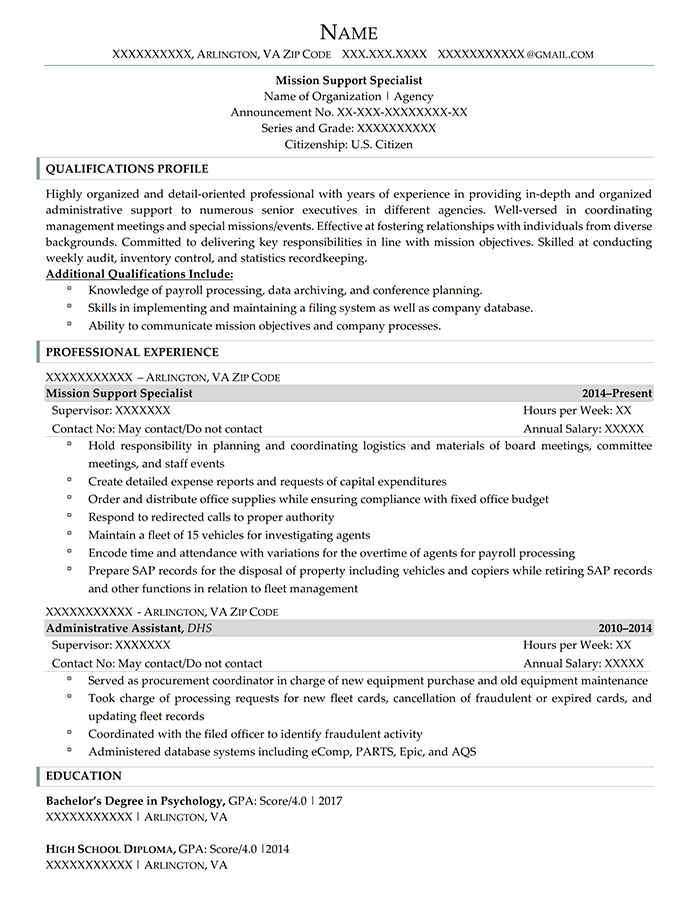 Federal Resume Mission Support Specialist