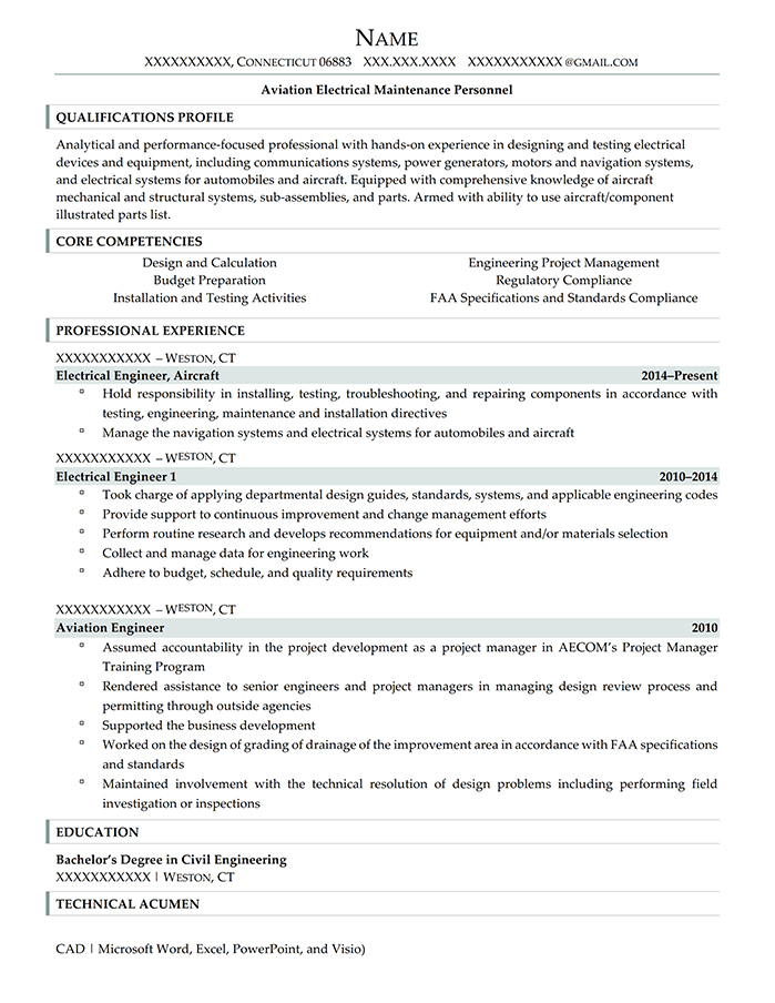 Military Transition Resume Aviation Electrical Maintenance Personnel