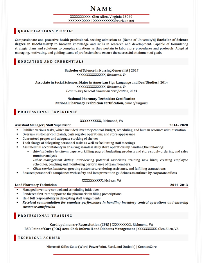 Student Resume Bachelor of Science in Biochemistry Minor in Biology